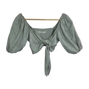 Abercrombie & Fitch Green Linen Tie Front Puff Sleeve Crop Top Womens Size Small